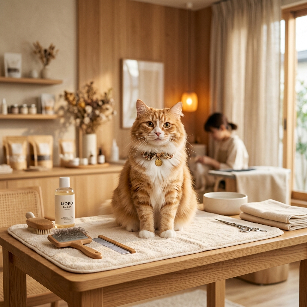 ภาพถ่ายแมวสามสีในพื้นที่บริการของร้าน