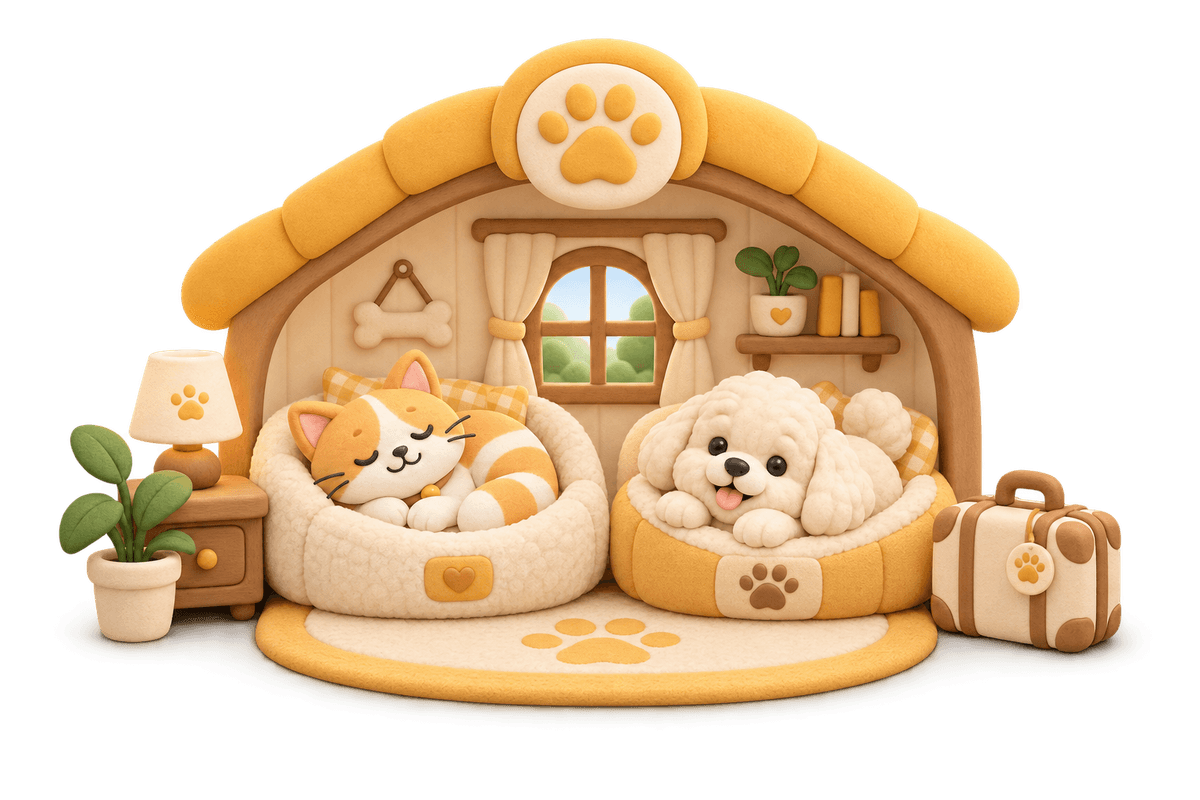 ห้องพักโรงแรมจำลอง มีแมวและสุนัขนอนในเตียงนุ่ม
